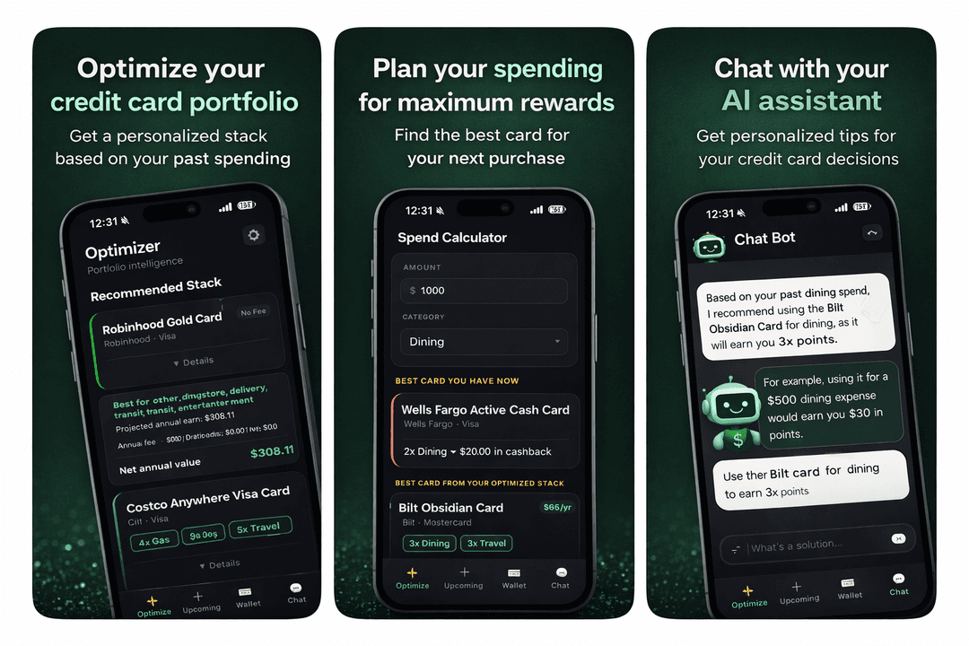 Poiiints app showing credit card optimizer, spend calculator, and AI chat features