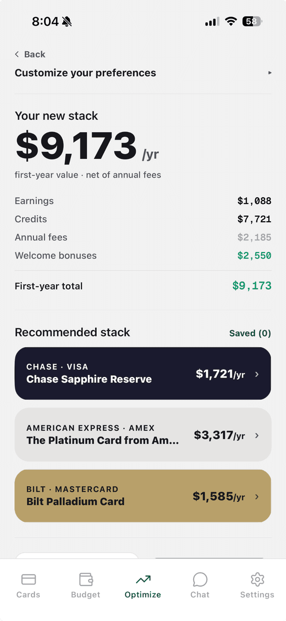 The Poiiints app showing a recommended three-card stack worth $9,173 a year in first-year value